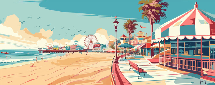 Classic seaside resort with vintage beach umbrellas and boardwalk attractions, flat, vector illustration, vintage hand