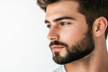 Fototapeta premium Close-up of bearded man in profile, portrait for men's hair care and grooming products