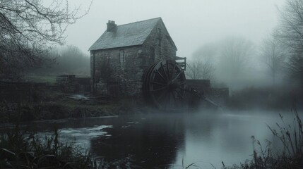 A Stone Mill With Waterwheel By a Foggy Lake