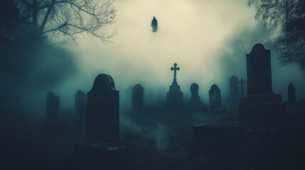 A Ghostly Figure Soaring Above a Fog-Shrouded Graveyard