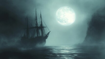 Fototapeta premium Silhouetted Ship Sailing Under a Full Moon in a Foggy Sea
