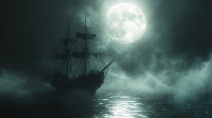 A Ghostly Ship Sailing Under a Full Moon in a Foggy Sea
