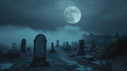 Graveyard Under a Full Moon with Fog and Stone Tombstones