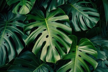 Close-up of large monstera leaves in the dark. Tropical plant and nature background concept.