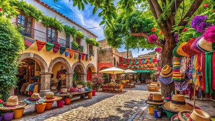 Obraz premium Vibrant colorful textiles and sombreros adorn a festive marketplace in a charming Mexican town, surrounded by ancient