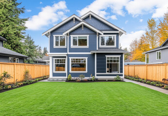 Obraz premium A modern two-story home with blue-gray walls and white trim, green grass in the yard surrounded by a wooden fence, and a backyard landscape design.