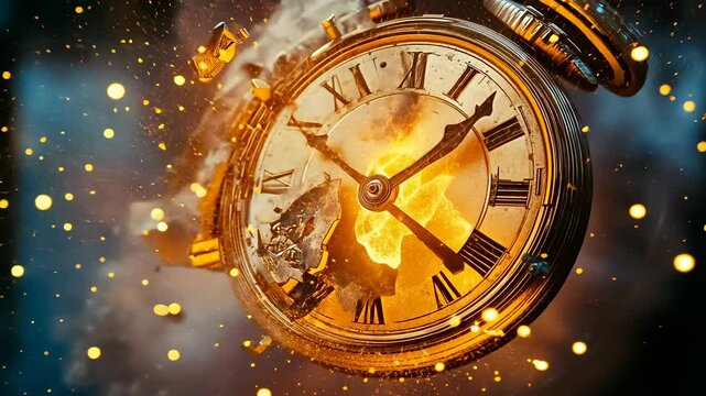 An antique clock is seen dramatically exploding in a fiery blast, with orange flames, sparks, and debris flying around. The old clock's structure is partially intact but heavily damaged, giving a