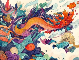 Whimsical Aerial Landscape with Fantastical Organic Mechanical Creature Flowing through Surreal