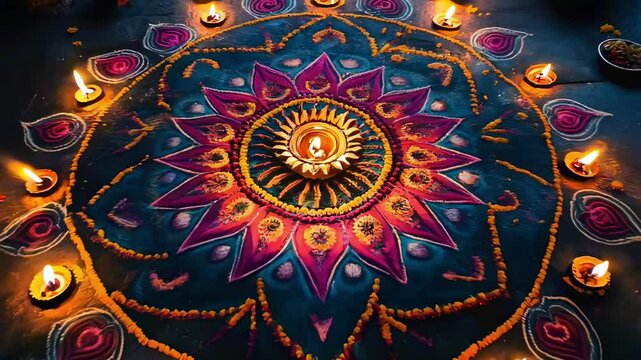 Aerial view of a vibrant Indian rangoli pattern, detailed and symmetrical, surrounded by lit diyas, Diwali celebration