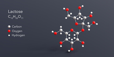 lactose molecule 3d rendering, flat molecular structure with chemical formula and atoms color coding