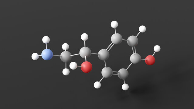 octopamine molecule 3d, molecular structure, ball and stick model, structural chemical formula para-octopamine
