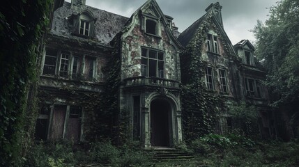 Overgrown Abandoned Mansion with a Dark Entrance