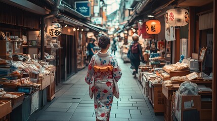 Timeless Elegance: A Japanese Woman in a Vibrant Kimono Strolling Through an Ancient Market Filled with Traditional Stalls and Lanterns