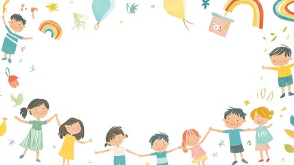 A playful background with colorful illustrations of children playing around the borders, leaving a blank space in the middle for text, perfect for kid-themed content