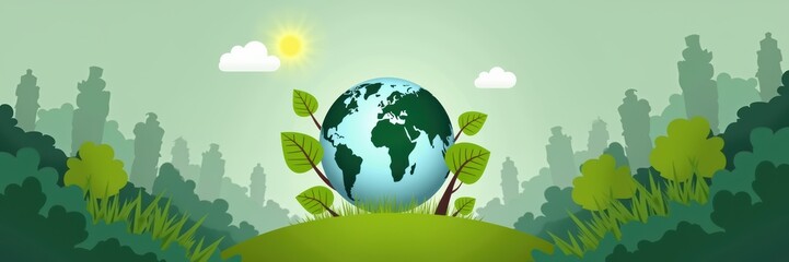 Naklejka premium A vibrant illustration of Earth surrounded by green leaves, symbolizing environmental protection and sustainability. Ideal for eco-friendly projects and campaigns.
