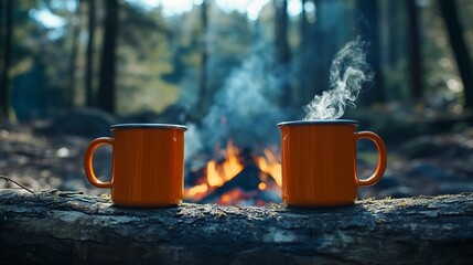 Two Orange Enamel Mugs with Hot Coffee by Campfire in Forest. AI generated illustration