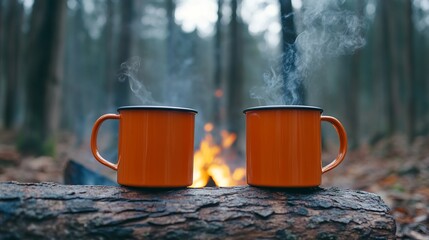 Two Orange Enamel Mugs with Hot Coffee by Campfire in Forest. AI generated illustration