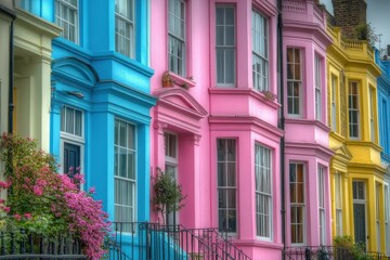 Fototapeta premium Pastel Houses of Notting Hill: Charming Architecture in Colorful London Neighborhood