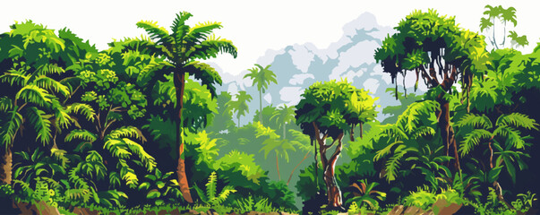 A lush green jungle with trees and palm trees. The jungle is full of life and is a beautiful and peaceful place