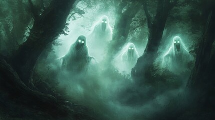 Eerie Glowing Ghosts in a Foggy Forest