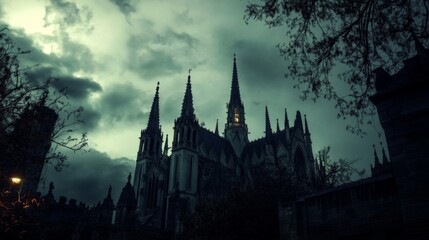 Fototapeta premium Gothic Cathedral Silhouette Against Stormy Sky