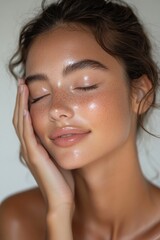 Naklejka premium Young woman with closed eyes, smiling and touching her face. 
