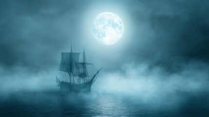 Fototapeta premium A Tall Ship Sailing in the Moonlight Through a Foggy Sea