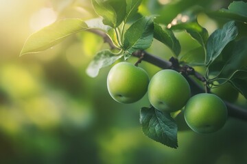 green plums growing on a tree branch in an australian orchard, with leaves and a natural background that evokes a sense of summer.