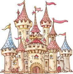 Fototapeta premium Draw a magical fairy tale castle with turrets and flags, perfect for childrenâ?Ts books and fantasy designs, hand-drawn vector art.