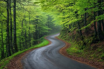 Obraz premium Winding Forest Road in Spring with Green Trees and Misty Morning Light. AI generated illustration