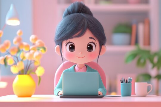 Business women wear suit work on office desk. 3d render and cute cartoon style. 
