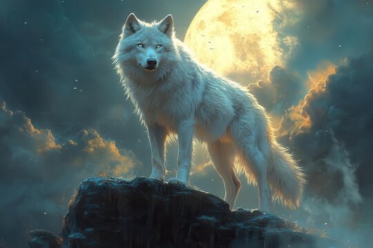 a majestic dire wolf stands atop a moonlit cliff its silver fur shimmering against the night sky ethereal mist swirls around its paws creating an otherworldly atmosphere
