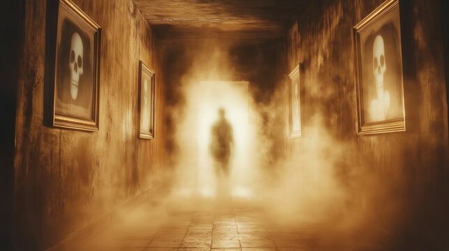 Eerie hallway with flickering lights and poltergeist activity in a dimly lit corridor