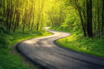 Obraz premium Winding Forest Road in Spring with Green Trees and Misty Morning Light. AI generated illustration
