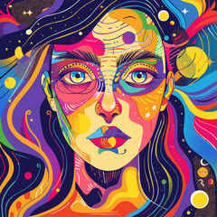 Pop art style portrait with bold colors and graphic elements, flat portrait, vector illustration.