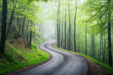 Winding Forest Road in Spring with Green Trees and Misty Morning Light. AI generated illustration