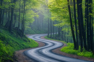 Obraz premium Winding Forest Road in Spring with Green Trees and Misty Morning Light. AI generated illustration