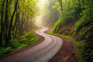 Obraz premium Winding Forest Road in Spring with Green Trees and Misty Morning Light. AI generated illustration