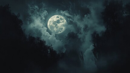Full Moon Shining Through Silhouetted Trees and Fog