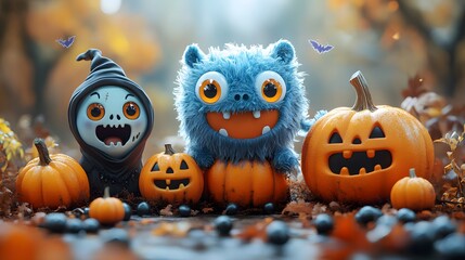 Fototapeta premium A fun Halloween illustration with a 3D emoji monster, a charming vampire, and a friendly zombie, with spooky pumpkins scattered around.