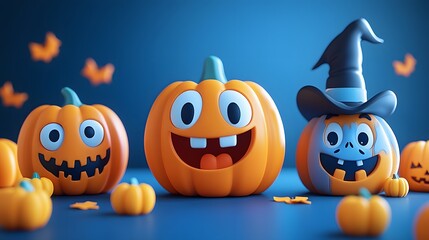A fun Halloween illustration with a 3D emoji monster, a charming vampire, and a friendly zombie, with spooky pumpkins scattered around.