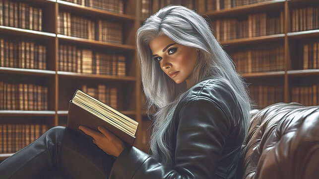 A woman with long gray hair is sitting on a couch reading a book. She is wearing a black dress and a necklace. The room is filled with bookshelves, and there are several books on the shelves