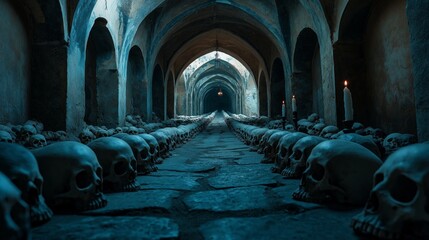Mysterious underground catacomb with human skulls in narrow stone corridors illuminated by flickering candlelight