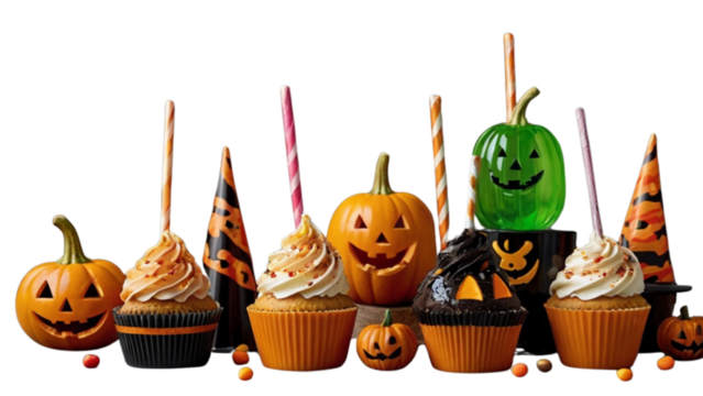 Halloween pumpkin cupcakes with candy and candles - Powered by Adobe