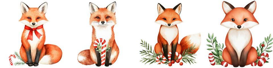 Fototapeta premium Charming illustrations of festive foxes adorned with decorations, perfect for holiday-themed designs and seasonal projects.