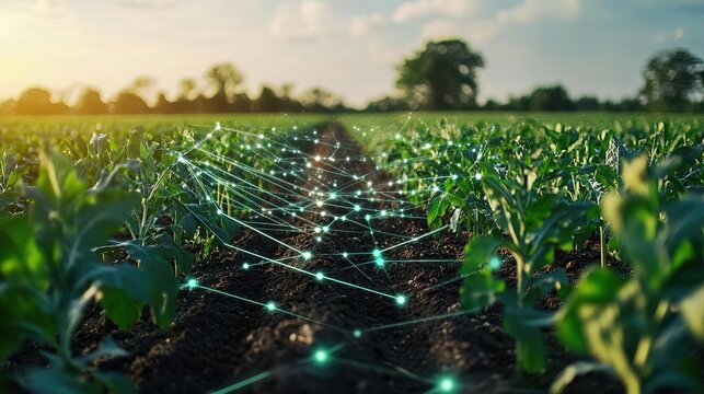A vibrant farm field featuring crops with technology integration, showcasing the fusion of nature and innovation under a sunset.