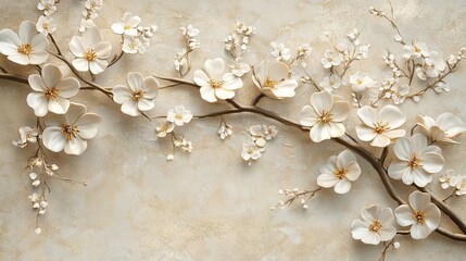 Vintage 3D Wallpaper with White Flowers and Golden Elements on a Beige Background -- AI generated illustration