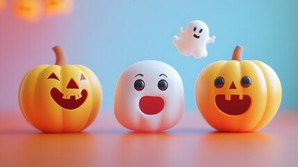 Naklejka premium Halloween characters in 3D including a smiling vampire, a cute zombie, and a spooky pumpkin, with a floating funny ghost creating a fun vibe.