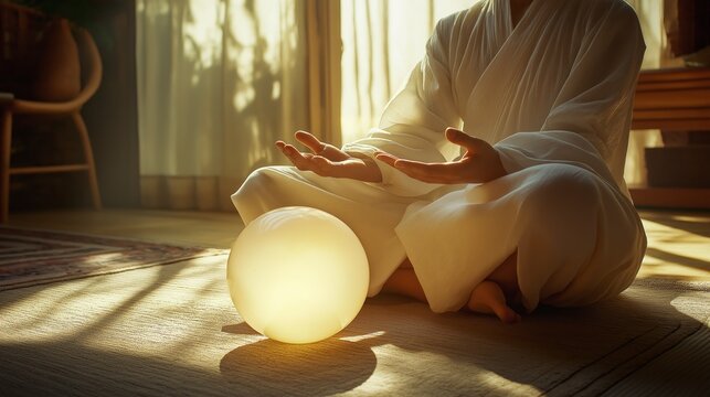 A psychic in a cozy living room holds a crystal ball as soft sunlight filters through the curtains creating a mysterious atmosphere