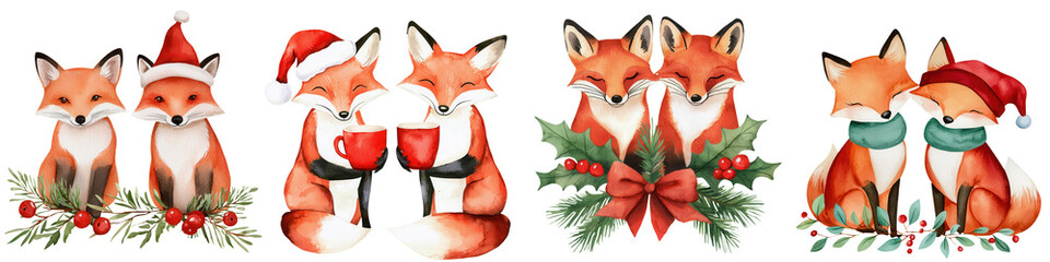 Fototapeta premium Festive fox illustration set for holidays, featuring cute foxes in Christmas attire with wreaths and gifts.